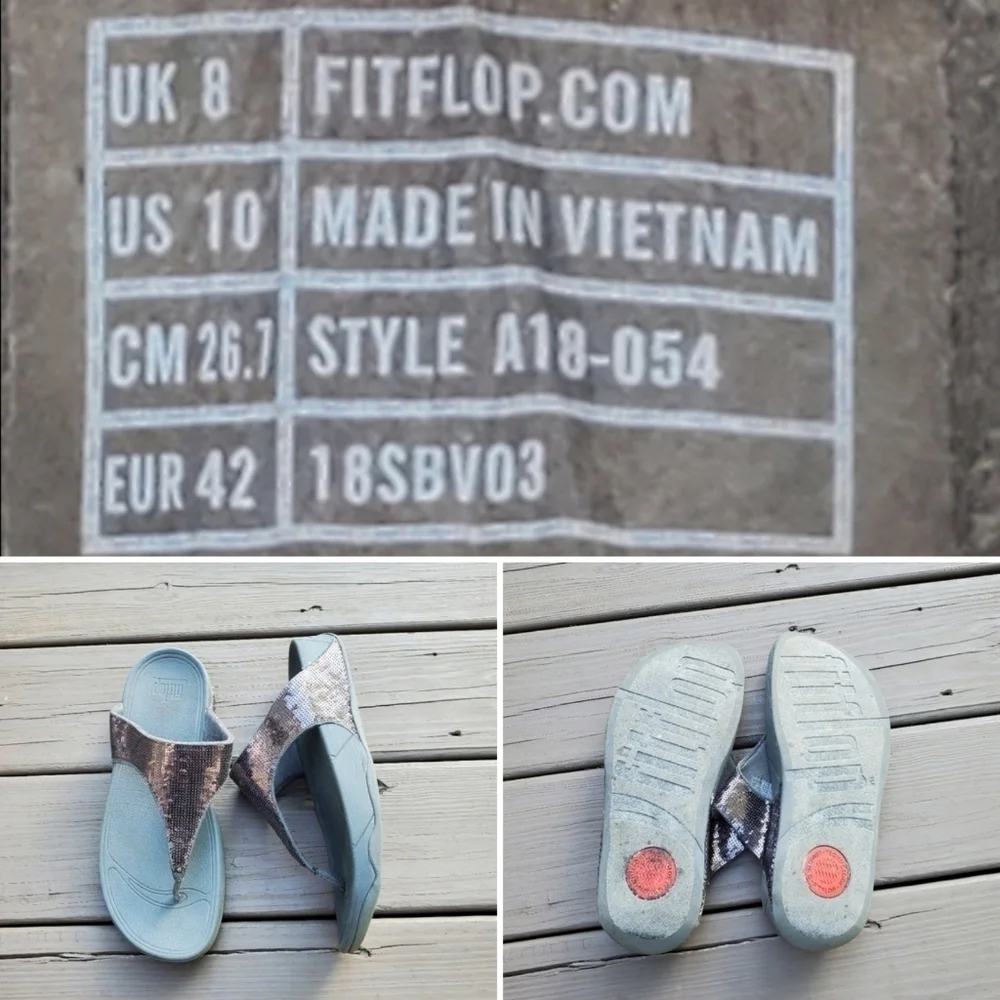 FitFlop Electra Classic Pewter Silver Sequin Thong Platform Flip Flip Sandals 10